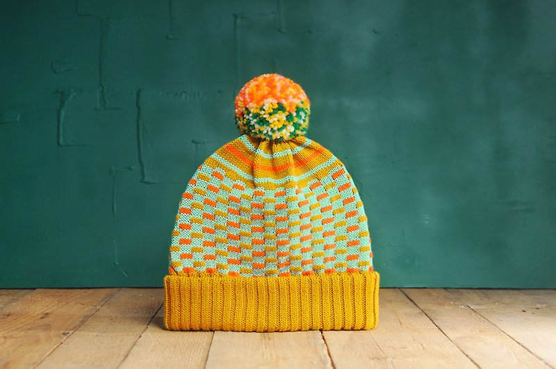 芥黄马戏团 可拆式毛球针织毛帽 - 帽子 - 棉．麻 黄色