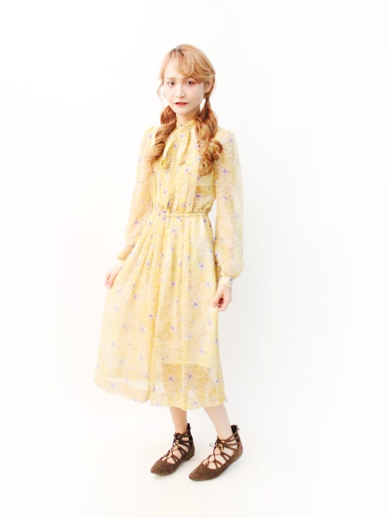 复古甜美浪漫黄色花朵领结薄长袖古着洋装 Vintage Dress - 洋装/连衣裙 - 聚酯纤维 黄色