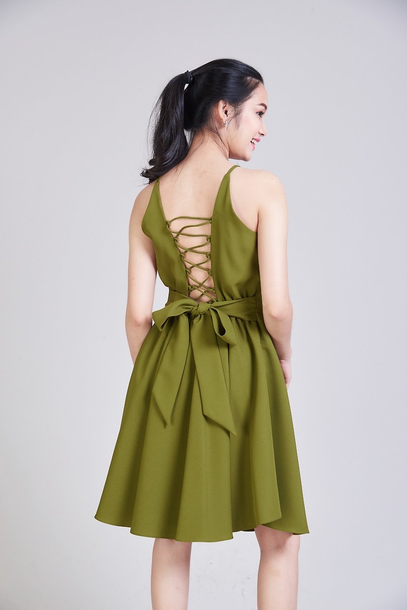 Party Dress Backless Dress Crisscross Back Evening Gown Olive Green Dress - 洋装/连衣裙 - 聚酯纤维 绿色