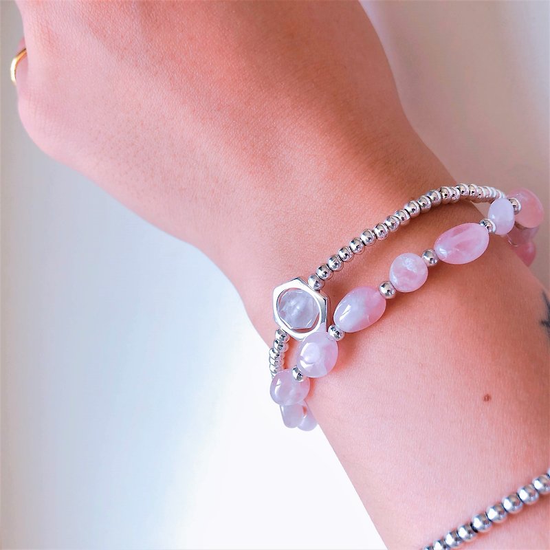 双圈粉晶 银珠 矿石手链 - 手链/手环 - 其他材质 粉红色