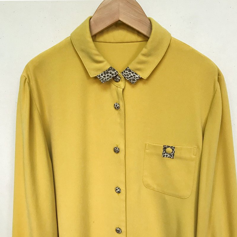 古着上衣 / 芥末黄拼豹纹领口及钮扣长袖衬衫 - 女装衬衫 - 聚酯纤维 黄色