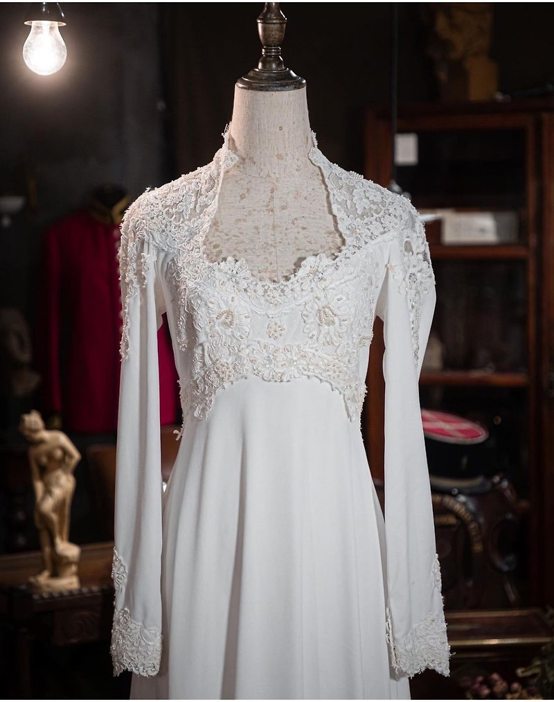 60年代心型领长䄂贴身高腰古董婚纱 - 晚装/礼服 - 棉．麻 白色