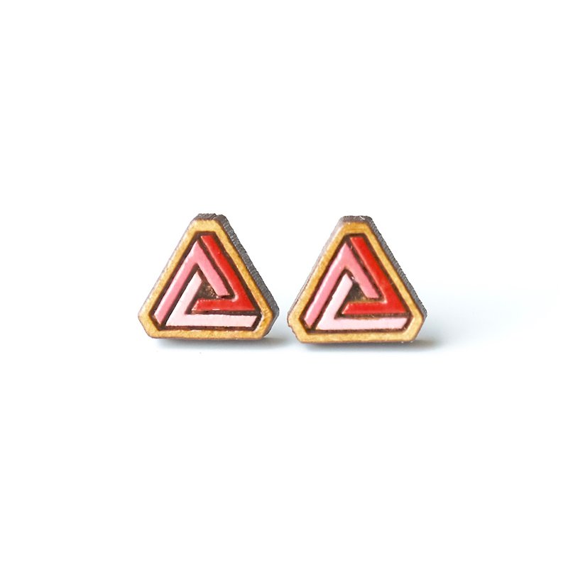 彩绘木耳环-三角几何(红色) - 耳环/耳夹 - 木头 粉红色