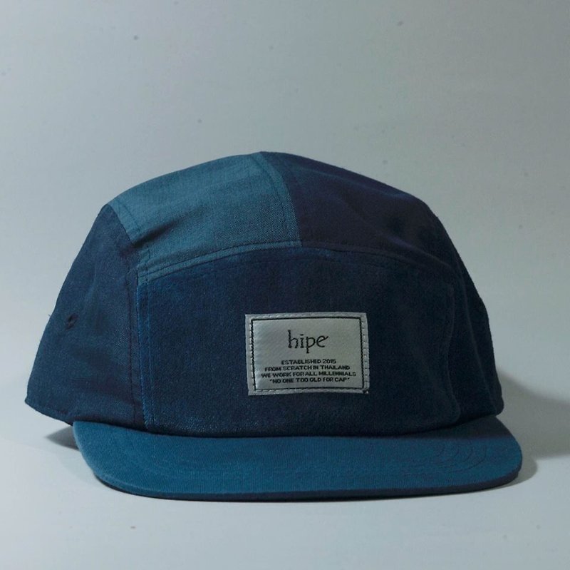blue and navy patchwork 5panel cap - 帽子 - 棉．麻 蓝色