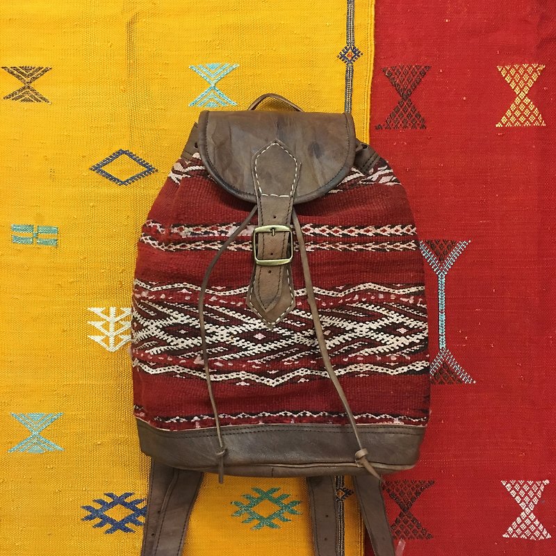 摩洛哥 经典酒红 手工平织地毯 小羊皮 后背包 民族风 配件 - 后背包/双肩包 - 真皮 红色