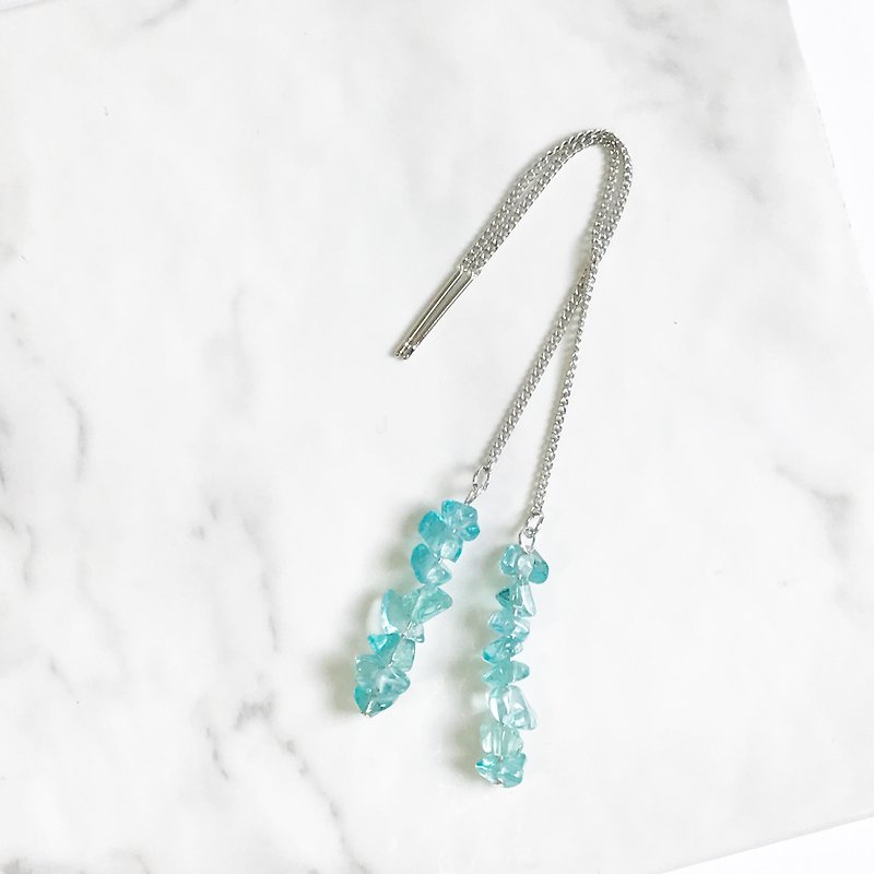Apatite natural stone silver threader earring - 耳环/耳夹 - 半宝石 蓝色