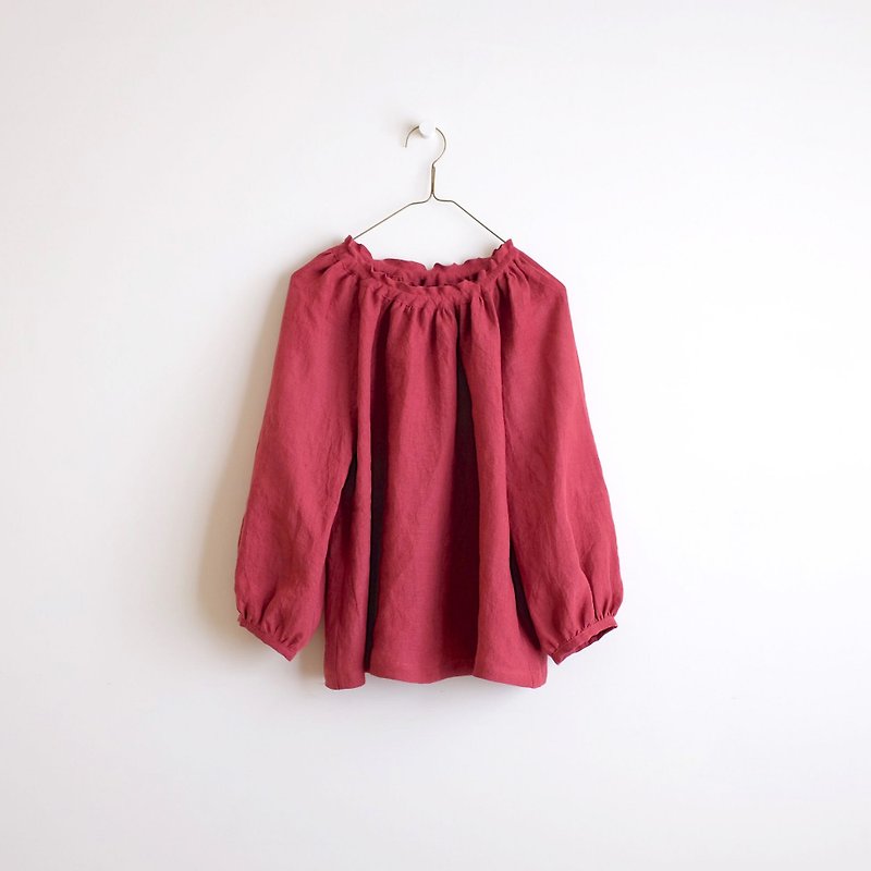 日常手作服 莓红色泡泡袖松紧罩衫 亚麻 特单 - 女装上衣 - 棉．麻 红色