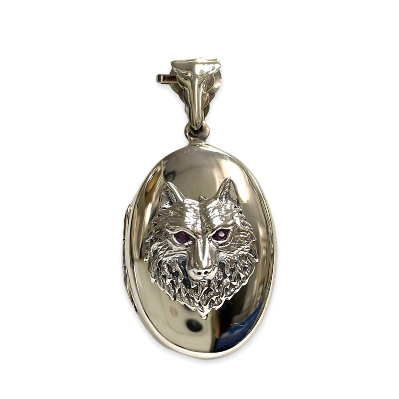 Victorian Style Wolf Head Oval Locket Pendant with Ruby Stone 925 Sterling Silve - 项链 - 纯银 银色