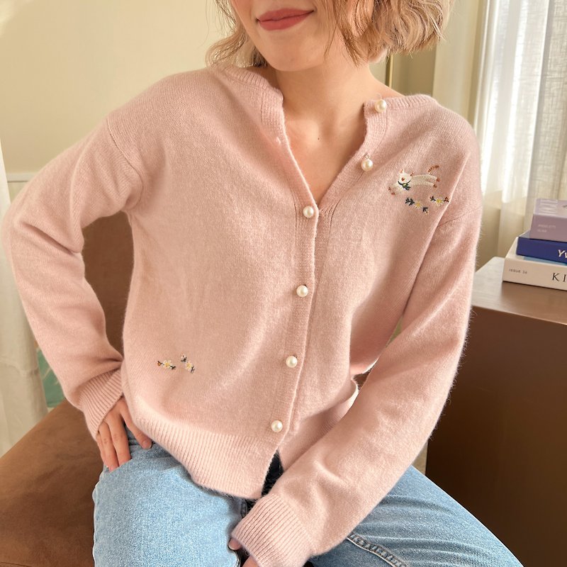 Cardigan 开襟衫 淡粉色 : 刺绣 猫花 - 女装针织衫/毛衣 - 聚酯纤维 粉红色