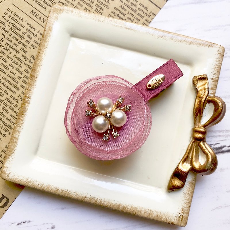 纱花珍珠发夹 /粉藕 - 发饰 - 其他材质 粉红色