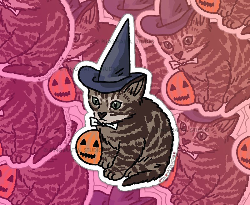 Tiny Cat Witch With Pumpkin Spooky Meme Die Cut Sticker - 贴纸 - 塑料 