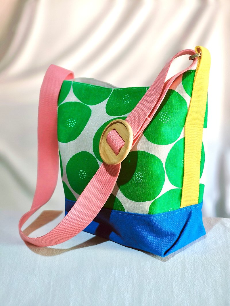 绿色日本波点篮子包 配有可调节肩带 - 手提包/手提袋 - 棉．麻 绿色