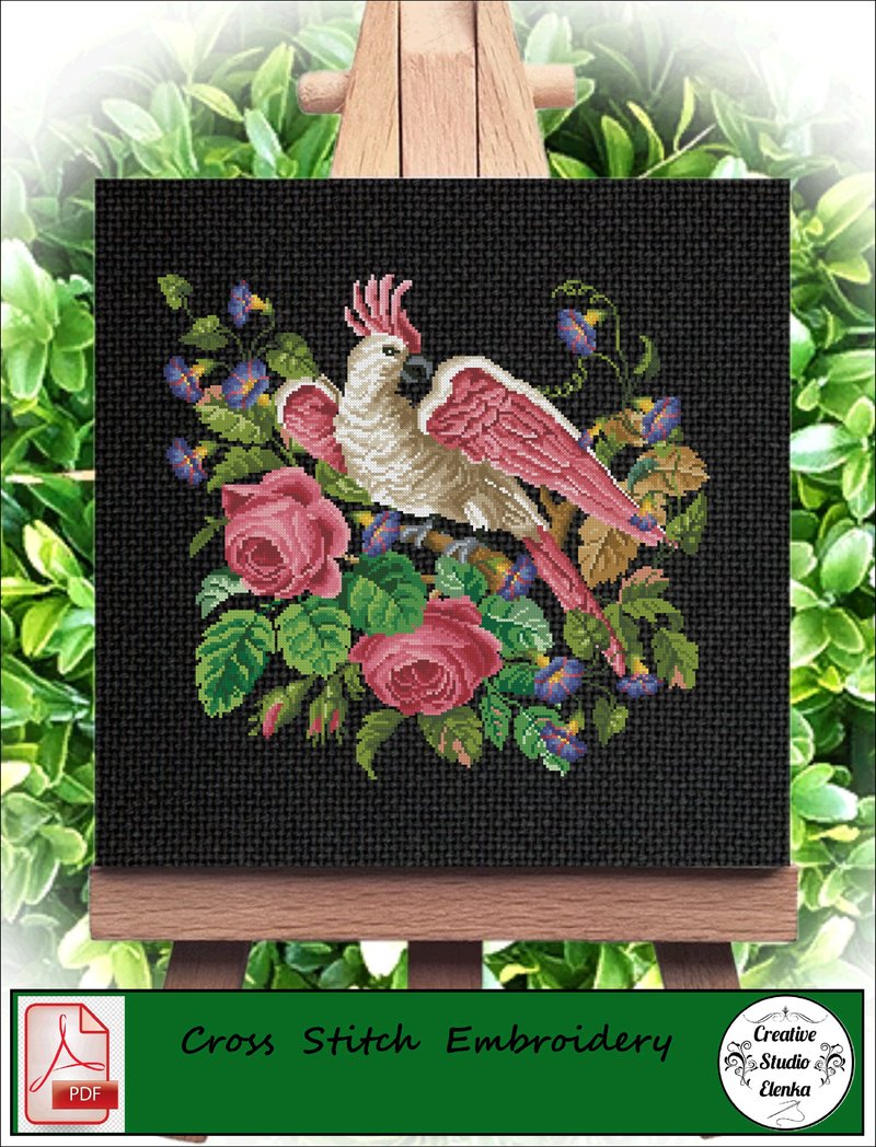 Vintage Cross Stitch Scheme Parrot and Roses  - PDF Embroidery Scheme - 编织/刺绣/羊毛毡/裁缝 - 其他材质 