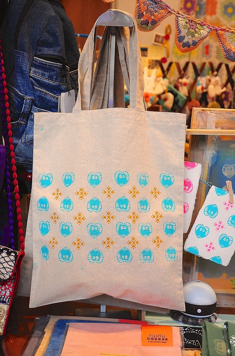 Purin Original Pattern Design/亚麻帆布袋 - 手提包/手提袋 - 棉．麻 蓝色