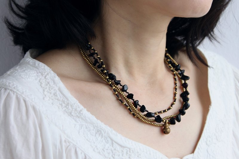 玛瑙黄铜分层编织石短项链嬉皮波西米亚风格珠宝 - 项链 - 石头 黑色