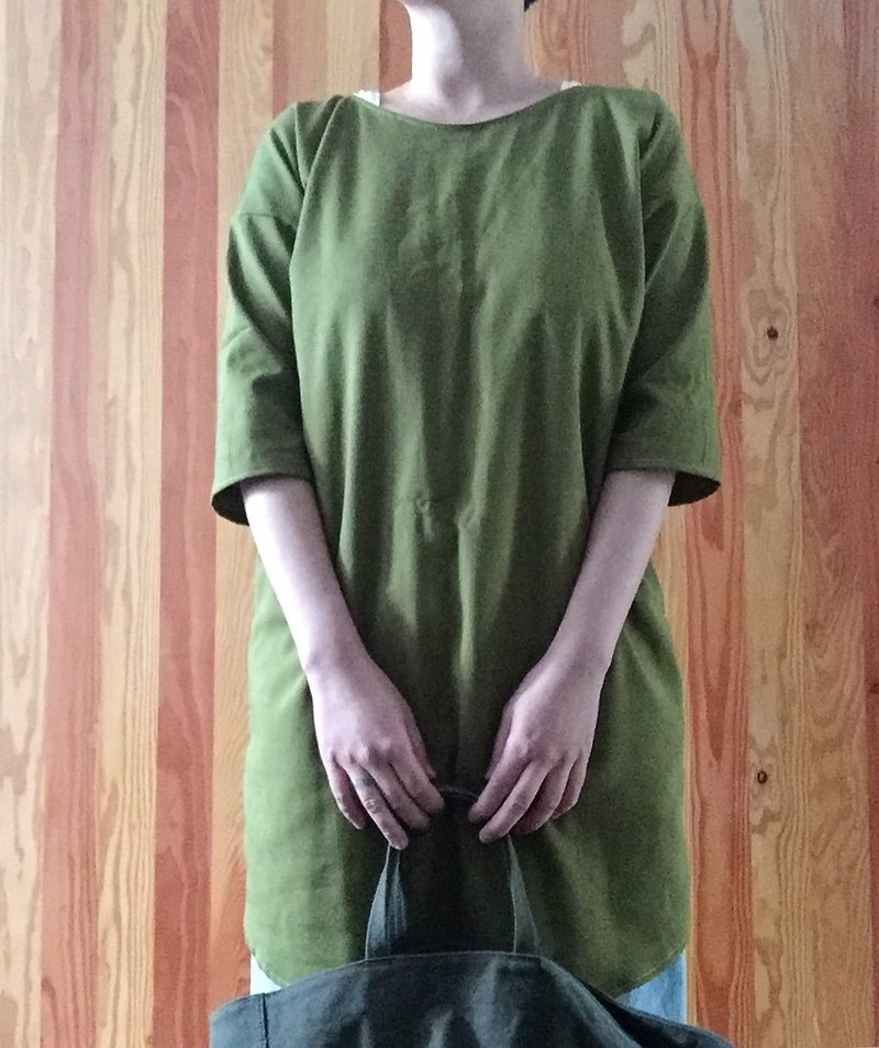 手工服 棉麻绿叶色六分袖口袋小袍子洋装多色可选 - 洋装/连衣裙 - 棉．麻 绿色
