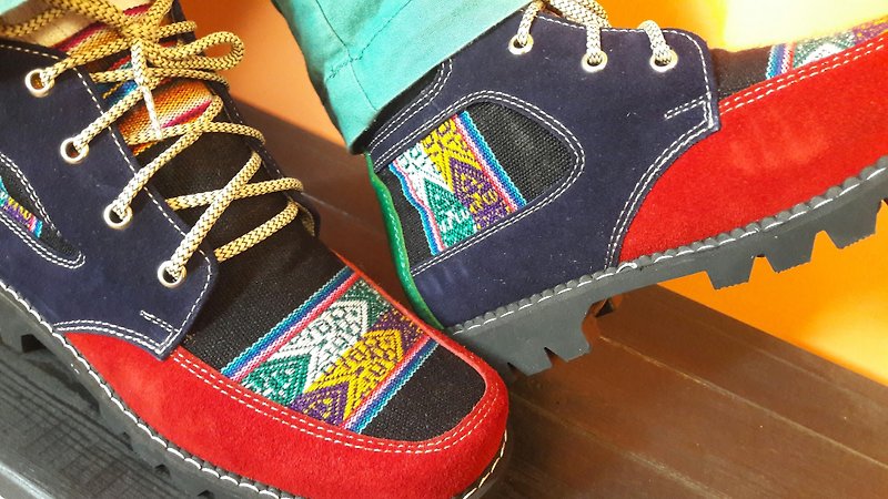 秘鲁风格短靴-红彩深蓝 - 男款休闲鞋 - 真皮 多色