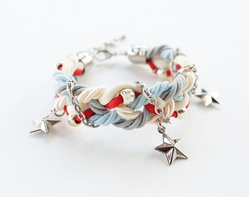 Cream Red Gray braided bracelet with silver color materials and stars - 手链/手环 - 其他材质 多色