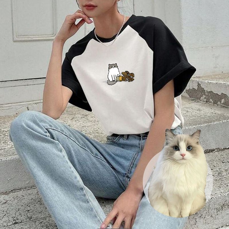 【独家宠物风格化手绘】萌宠 x van Gogh 美式复古插肩T恤 - 订制画像 - 棉．麻 白色