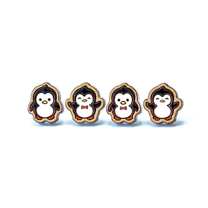 彩绘木耳环-小企鹅(四款随机) - 耳环/耳夹 - 木头 黑色