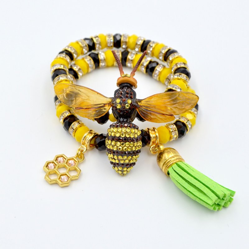 黄色蜜蜂缀水晶双串手链 - 手链/手环 - 其他金属 黄色