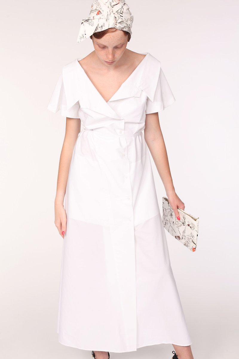 オープンカラーマキシシャツワンピース/ コットン100%/イタリア製 - 女装衬衫 - 棉．麻 白色