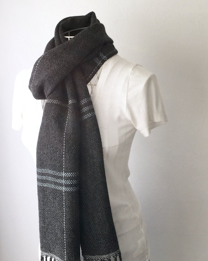 【ベビーアルパカ：秋冬】ユニセックス手織りマフラー "Dark Gray Mix" - 丝巾 - 羊毛 灰色