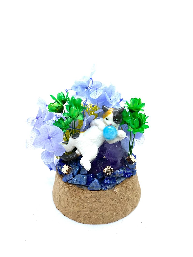 淡紫花园-三毛猫与紫水晶-手工玻璃罩公仔/水晶/干燥花摆设 - 摆饰 - 水晶 