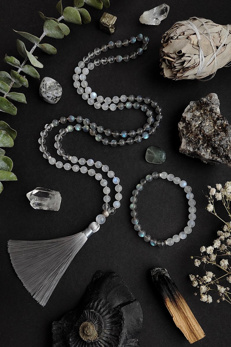 Mala Selena - 月光石、拉长石和石英念珠项链和手链 - 长链 - 半宝石 银色