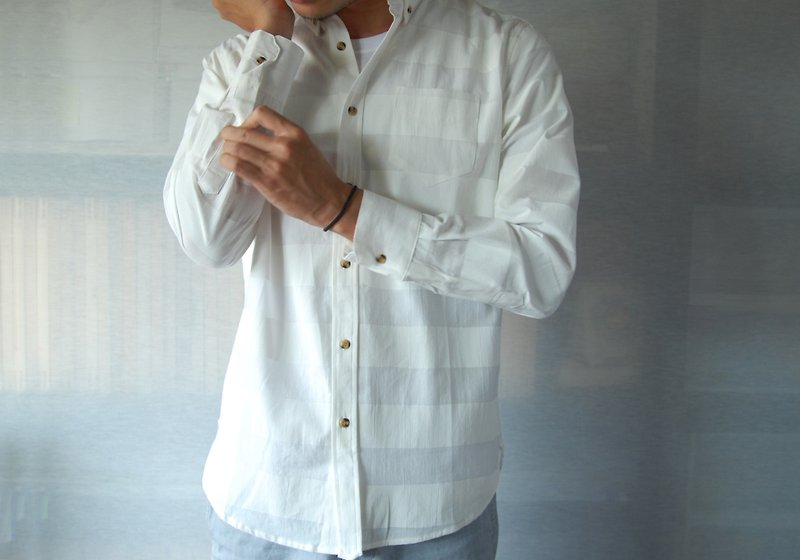 jainjain 减简手制/任性实验手印衬衫，白色条纹色 - 男装衬衫 - 棉．麻 白色