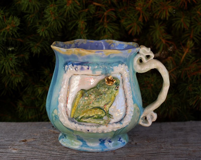 瓷 咖啡杯/马克杯 多色 - Handmade art mug Princess Frog Relief mug Blue Pottery Mug Fairy cup