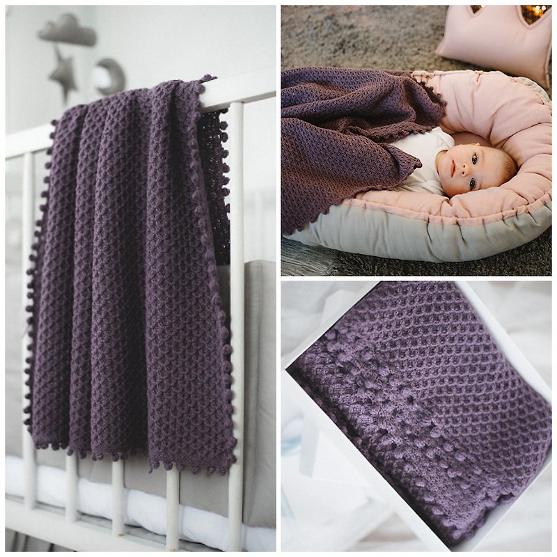 Dark purple soft knitted woolen blanket - alpaca and sheep wool baby blanket - 婴儿床上用品 - 羊毛 紫色