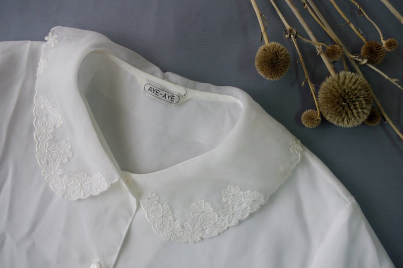 寻宝古着-乌干纱刺绣领白色复古衬衫 - 女装衬衫 - 聚酯纤维 白色