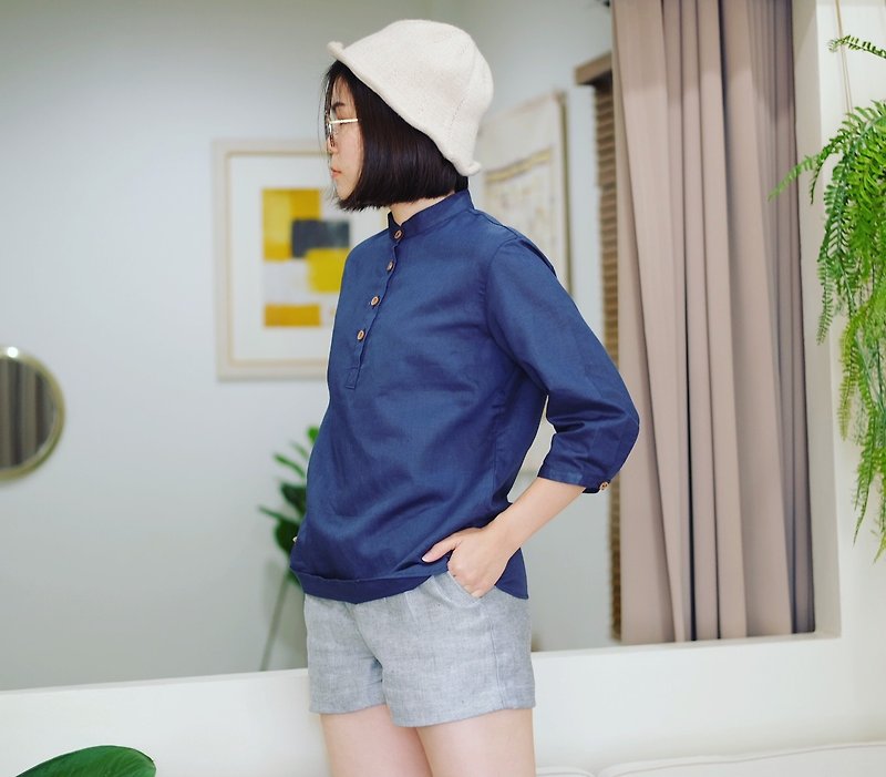 3/4 sleeves Shirt : Blue - 女装上衣 - 棉．麻 蓝色
