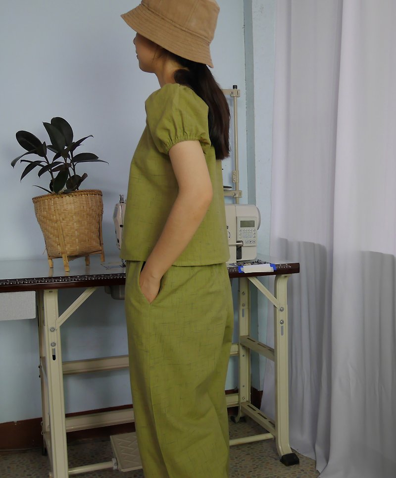 **Set** Handwoven cotton fabric shirt & pants (green) - 洋装/连衣裙 - 棉．麻 绿色