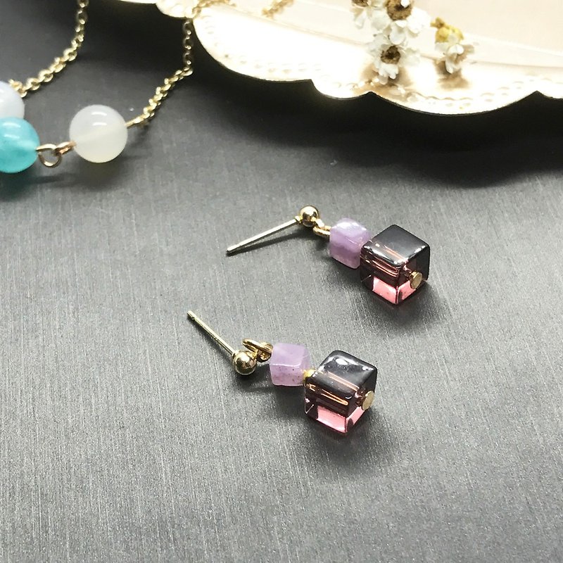 紫粉晶双宝石方块耳环 - 耳环/耳夹 - 宝石 紫色
