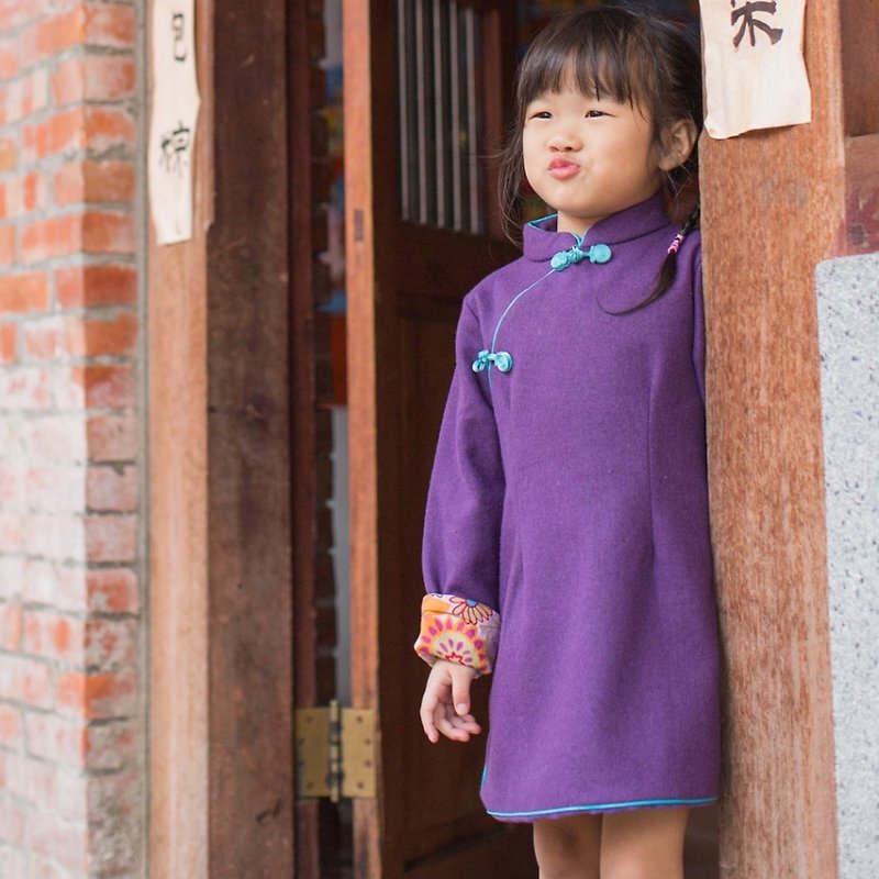 儿童旗袍 古风 冬季款 长袖素面款(紫色) - 旗袍 - 棉．麻 