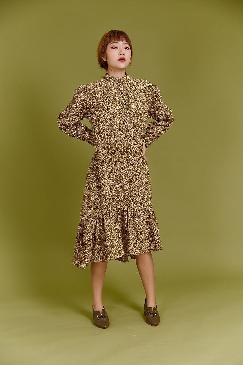 Vintage wrap dress (Mustard) - 洋装/连衣裙 - 棉．麻 卡其色