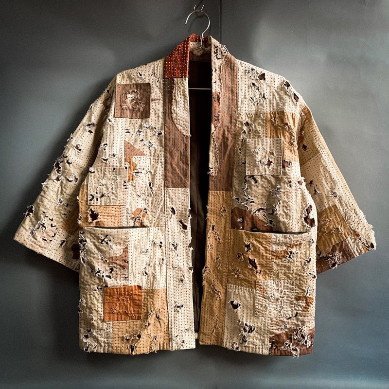 沙漠迷彩拼接和服外套 Desert camo patchwork kimono jacket - 男装外套 - 棉．麻 卡其色