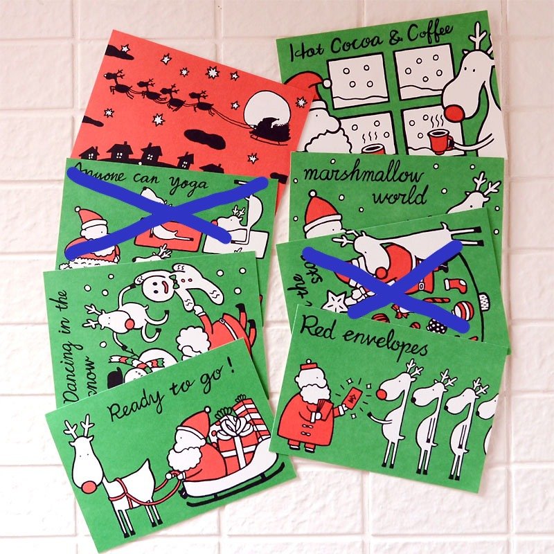 圣诞卡-圣诞老人与麋鹿明信片A套餐（6张入）(没有付信封） - 卡片/明信片 - 纸 绿色