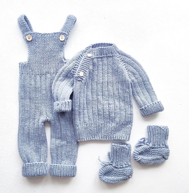 Knitting pattern for set for baby 6-12 months, pdf instruction in English - 包屁衣/连体衣 - 羊毛 蓝色