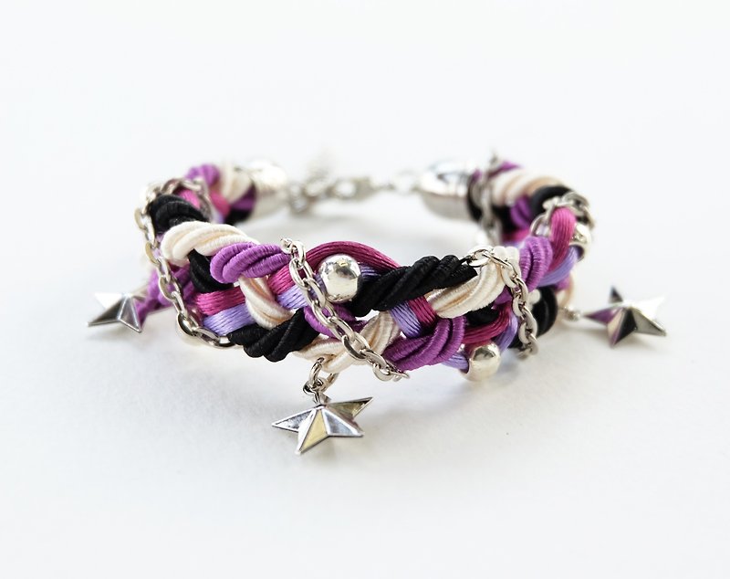 Purple Cream Black braided bracelet with silver color materials and stars - 手链/手环 - 其他材质 紫色