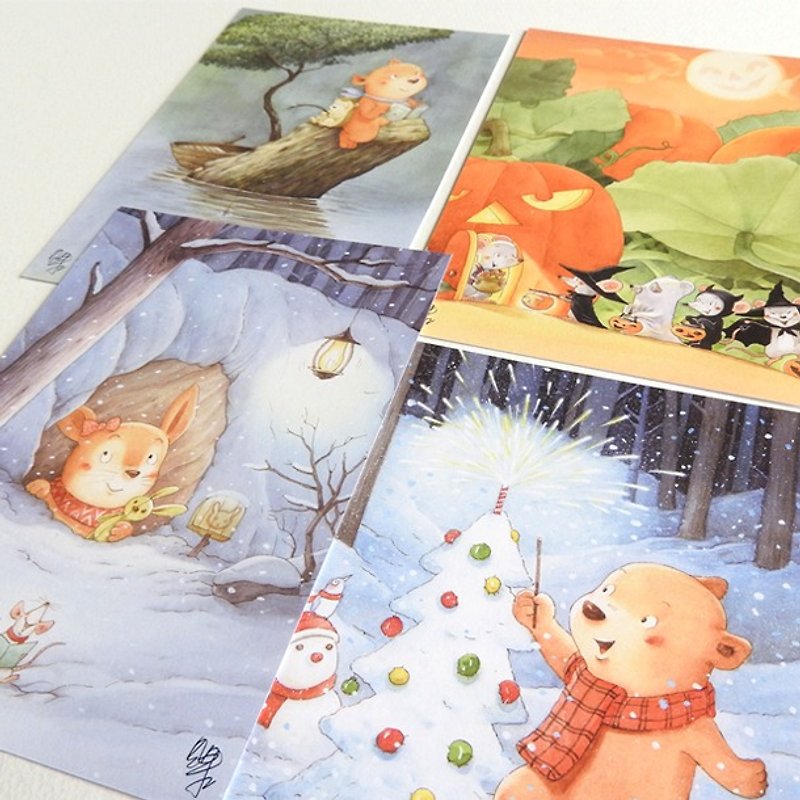 贝果插画明信片“果果森林－秋冬篇”（4张） - 卡片/明信片 - 纸 白色