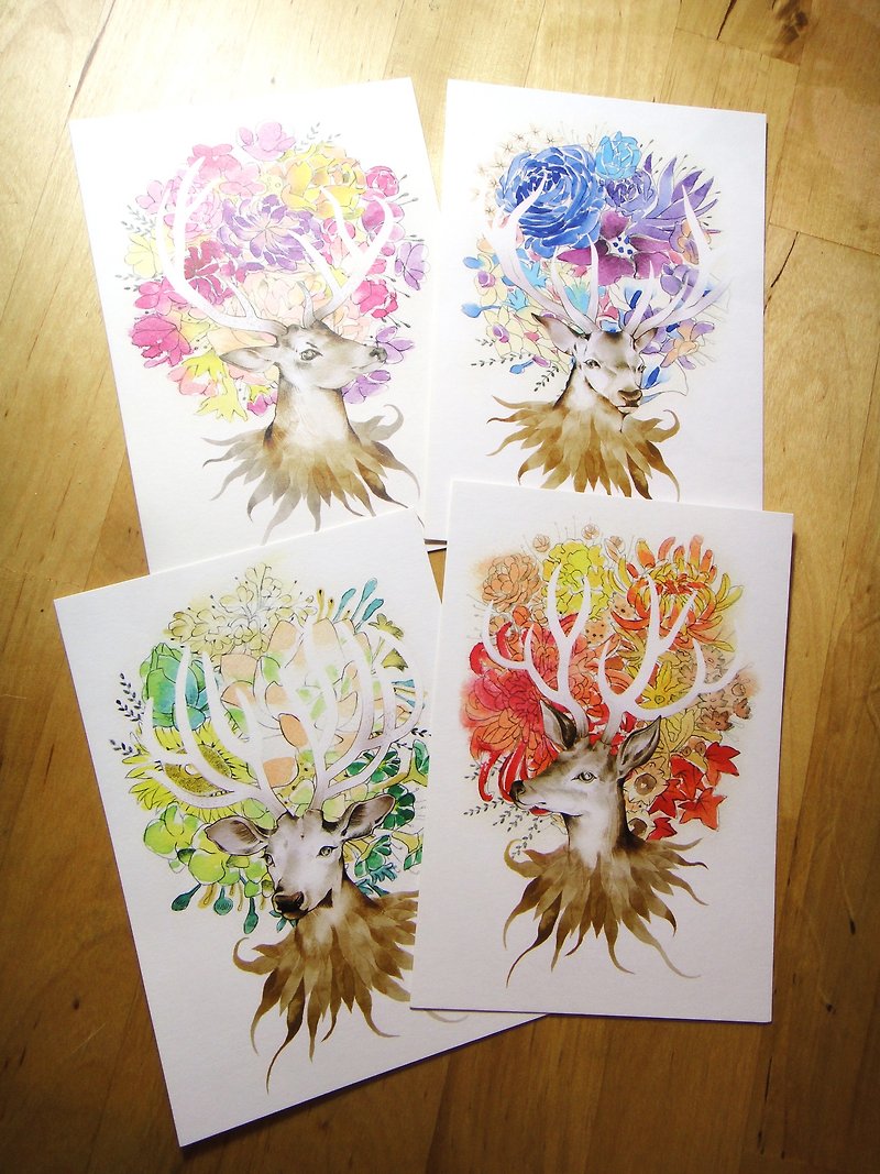 四季鹿系列白底明信片 Season Deer Postcard Set - 卡片/明信片 - 纸 多色