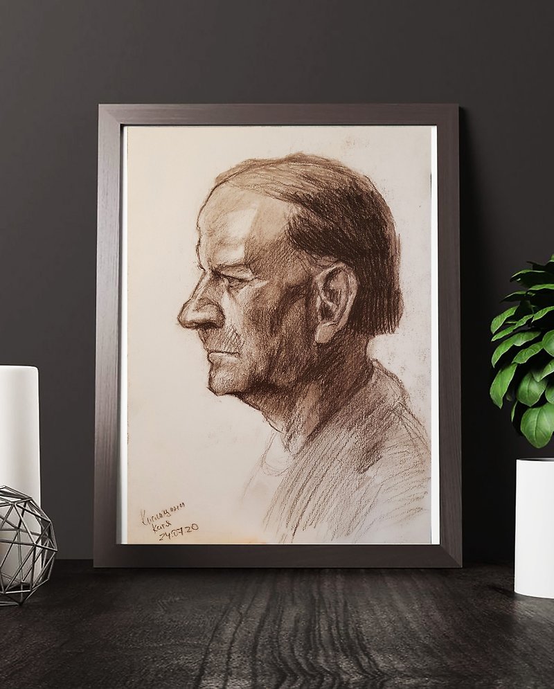 【Limited Edition】Portrait Drawing Man Original Art Sepia Painting Faceless - 墙贴/壁贴 - 其他材质 咖啡色