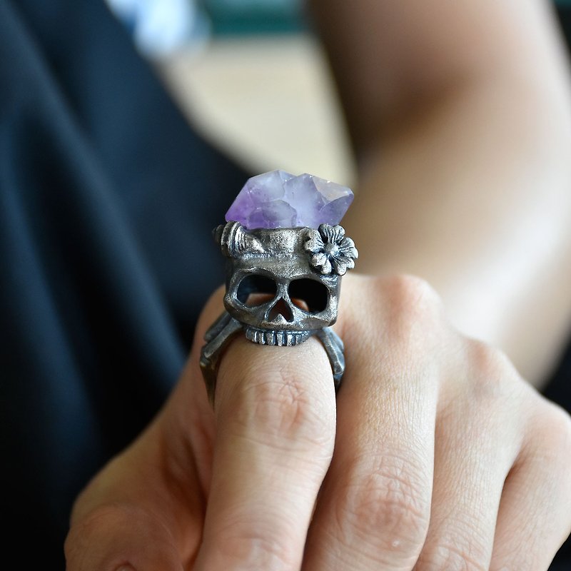 原创设计925银暗黑美学紫水晶原石紫晶矿石骷髅开口戒指 - 戒指 - 水晶 紫色