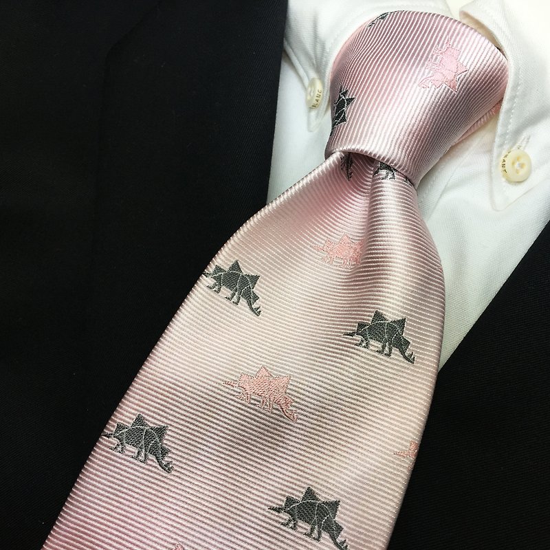Stegosaurus design tie Pink necktie - 领带/领带夹 - 丝．绢 粉红色