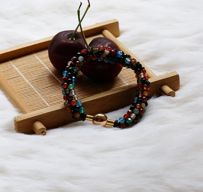 Kumihimo手织日本玻璃珠 + 切面玛瑙手錬 SPS-03 ( Handmade Kumihimo Faceted Agate Bracelet ) - 手链/手环 - 宝石 多色