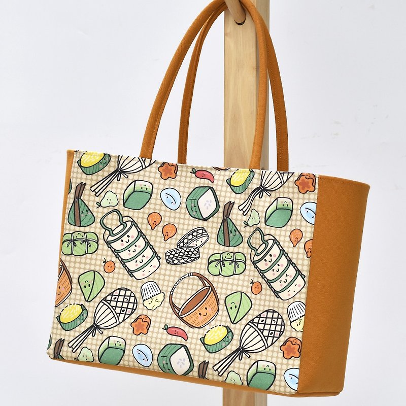 Handmade Tote Bag - SHORT TOTE - Kanom Thai Pattern - 手提包/手提袋 - 棉．麻 咖啡色