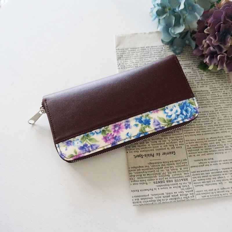 青紫の花ラウンドファスナー長財布 - 皮夹/钱包 - 其他材质 蓝色